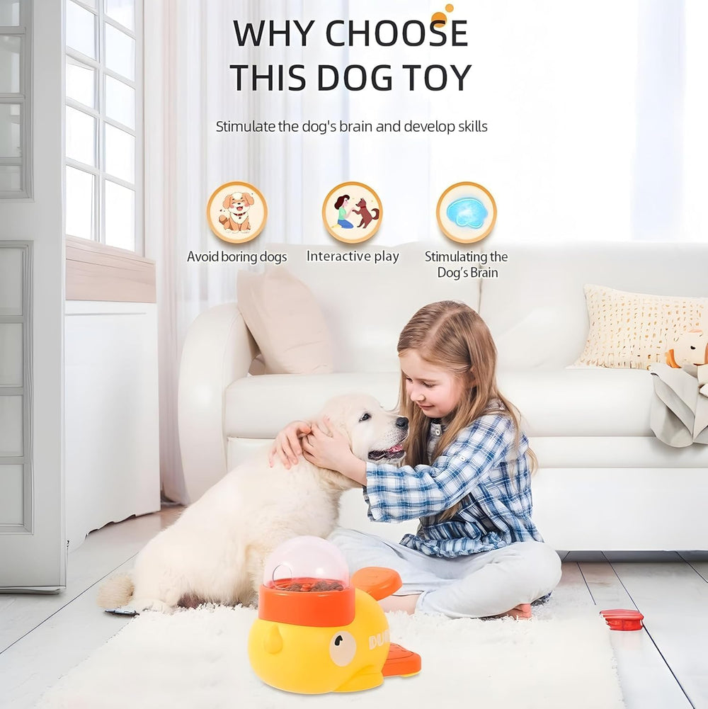 Dispensador de recompensas para perros forma pato; base antideslizante para juego estable.