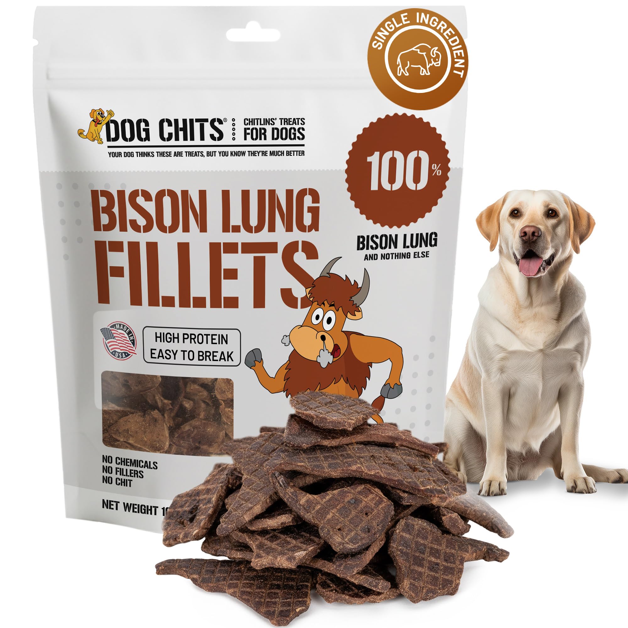 Dog Chits fillets de pulmón de bison, presentación atractiva, snack natural para perros