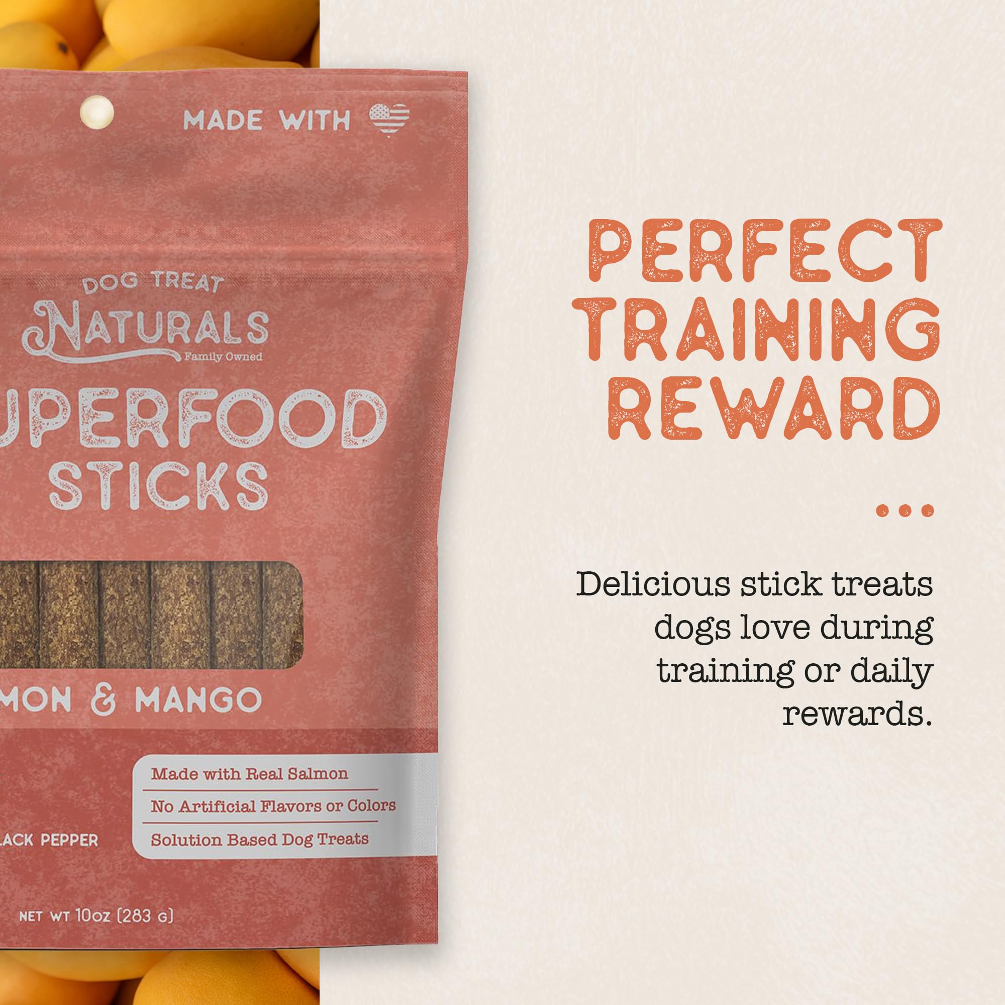 Dog Treat Naturals bâtonnet saumon mangue, encas pratique et équilibré au quotidien.