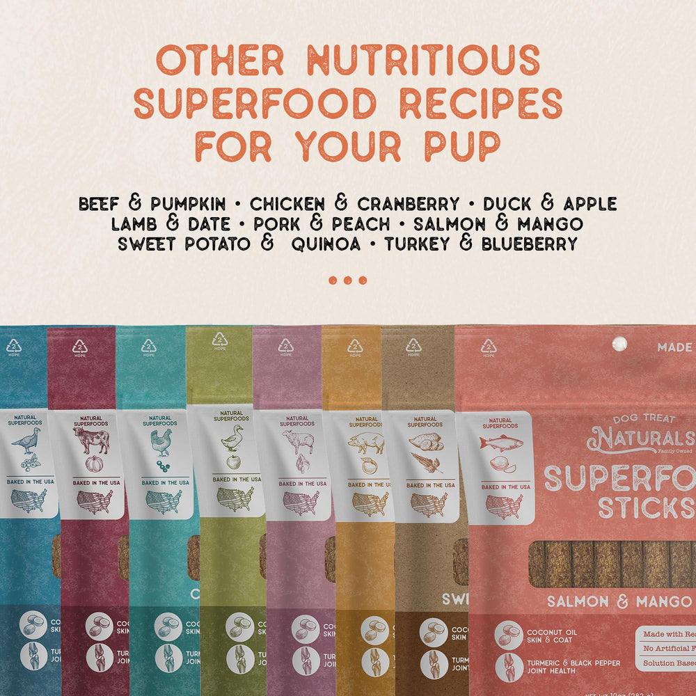 Dog Treat Naturals bâtonnet saumon mangue, option protéinée sans artificiels pour chien actif.