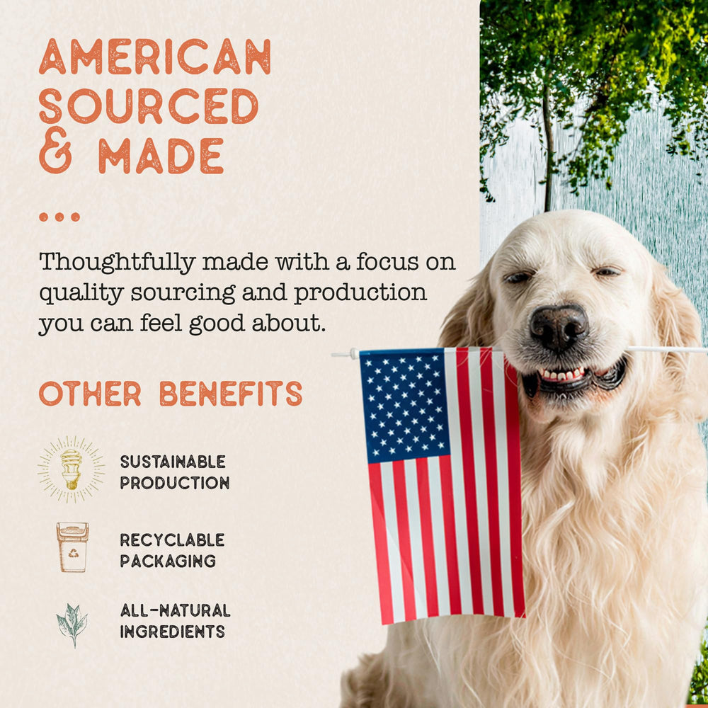Dog Treat Naturals bâtonnet saumon mangue, fabrication américaine et emballage recyclable.