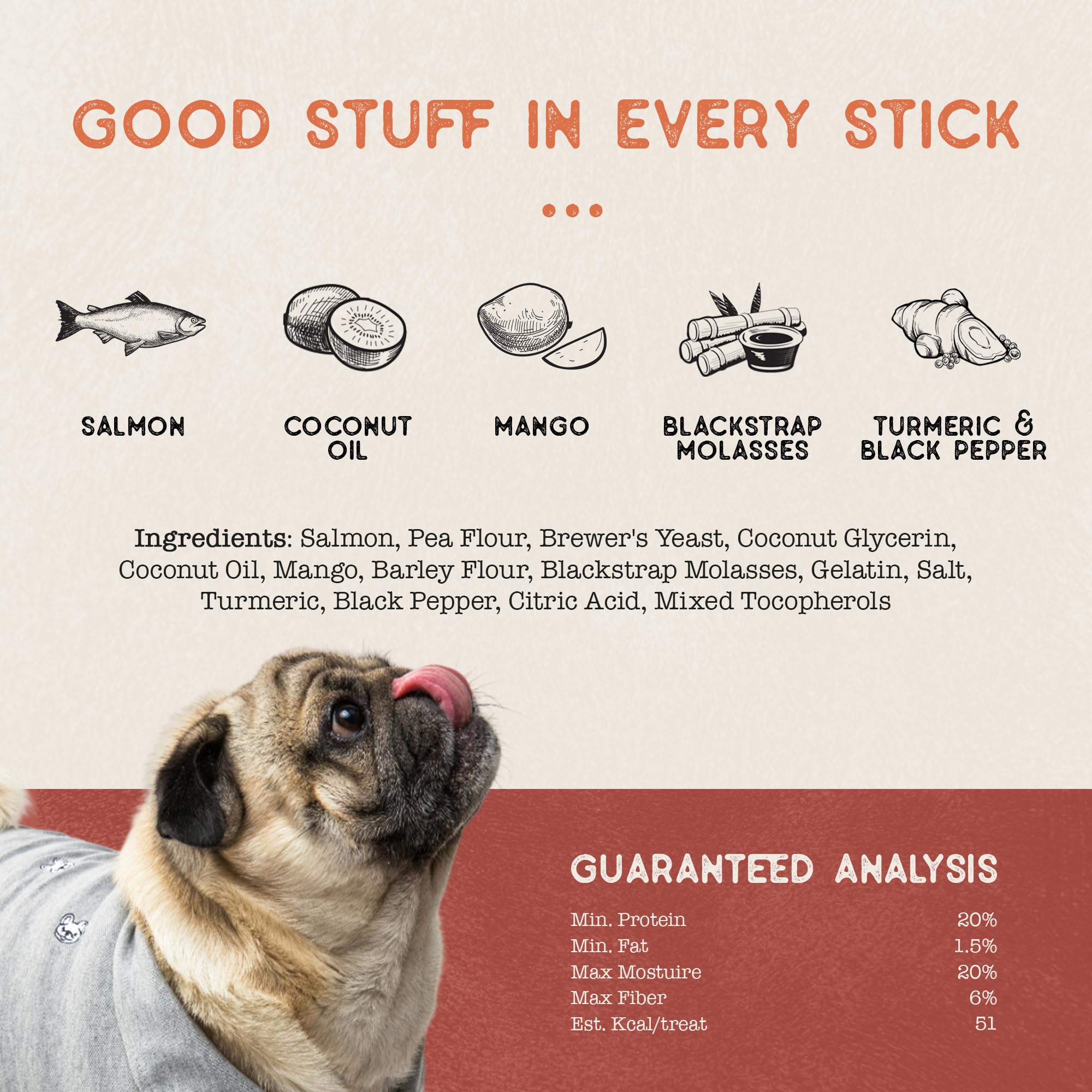 Dog Treat Naturals bâtonnet saumon mangue, choix naturel pour chiens gourmands.