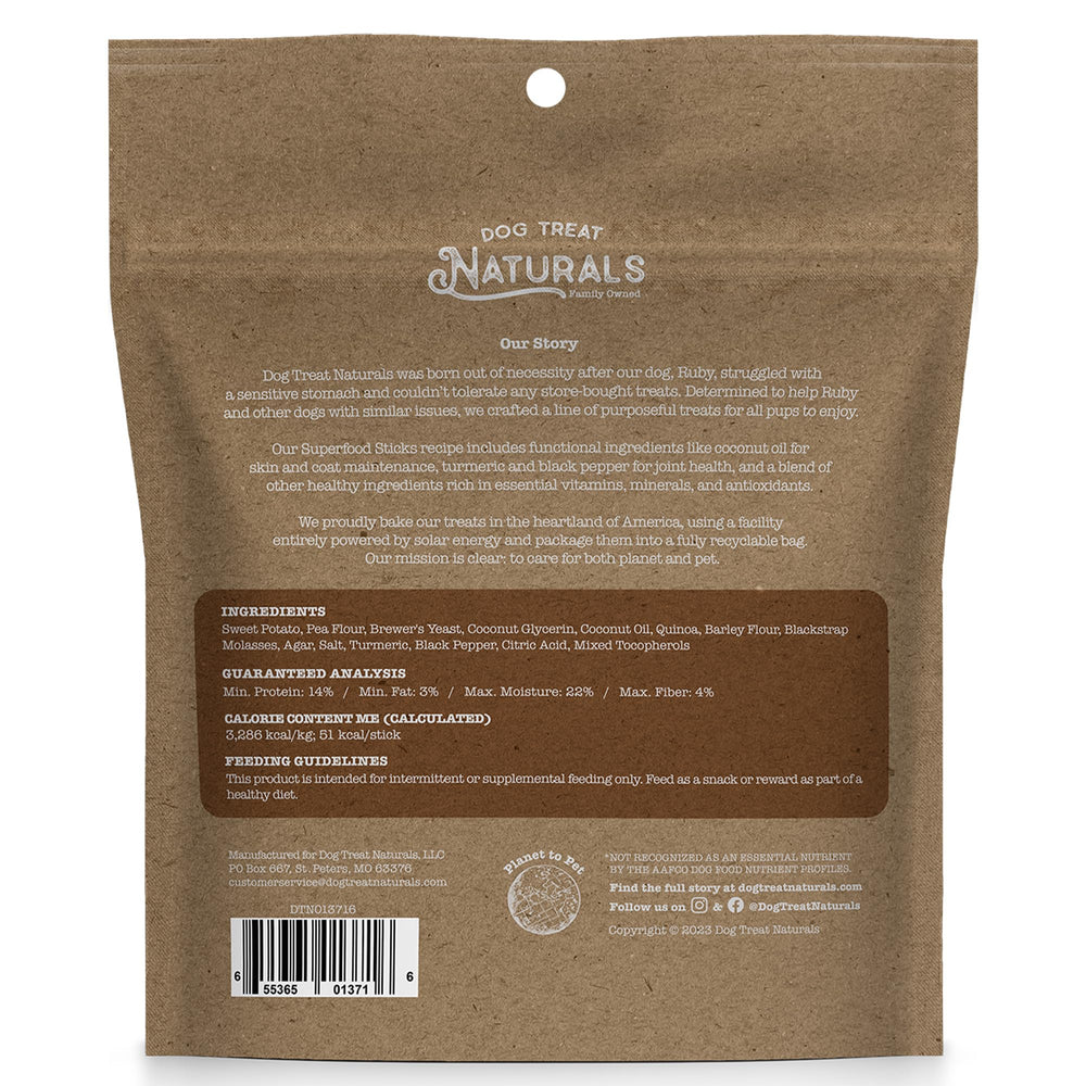 Dog Treat Naturals Superfood Sticks emballage recyclable, respectueux de l'environnement.