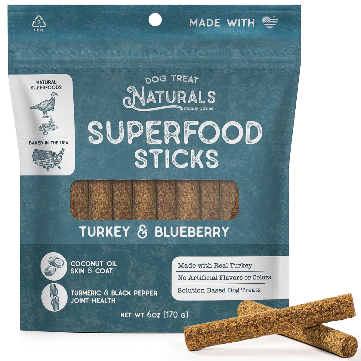 Dog Treat Naturals Superfood Sticks de pavo y arándano, bolsa visible, ideal para entrenamiento.