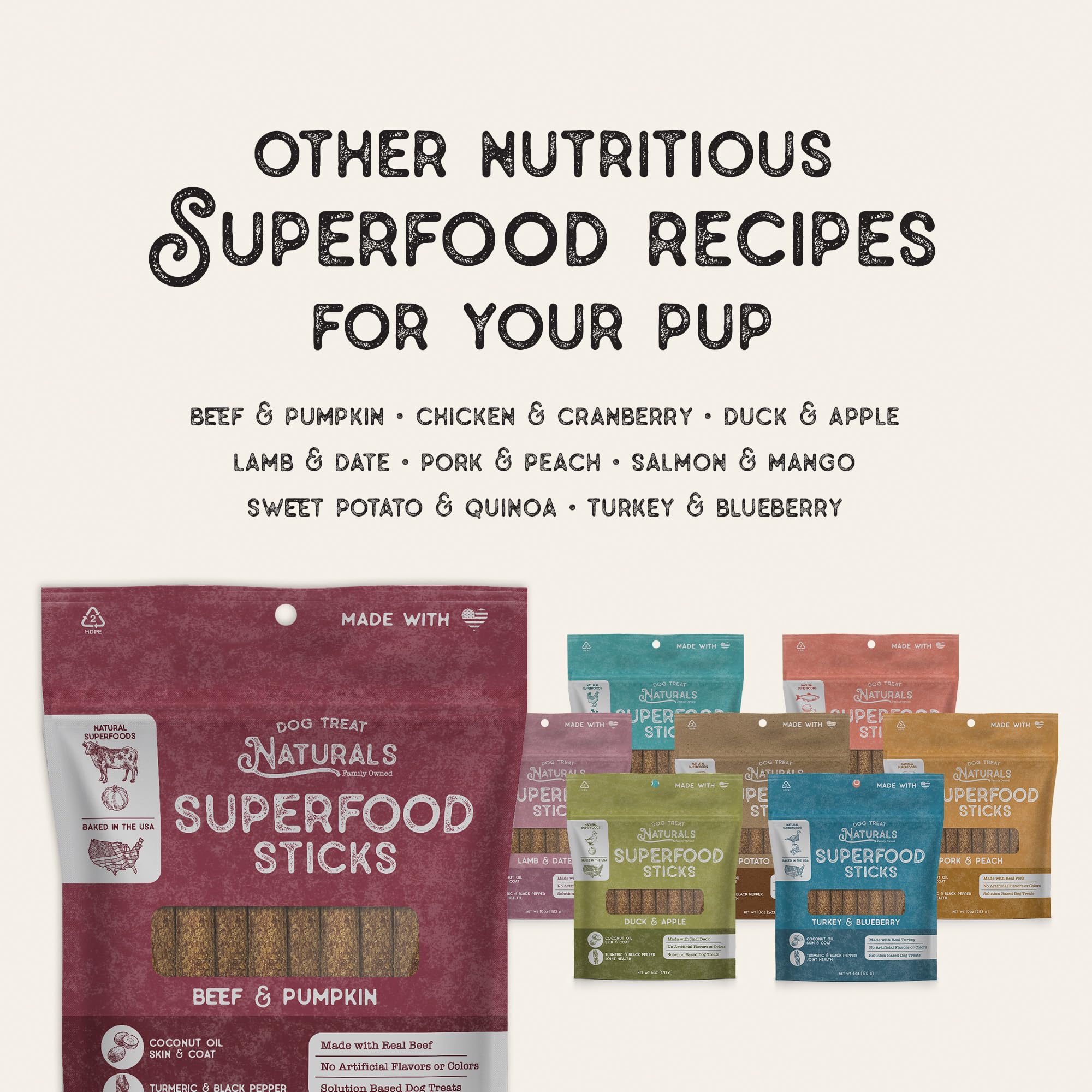 Dog Treat Naturals Superfood Sticks hechos en Estados Unidos con envase reciclable.