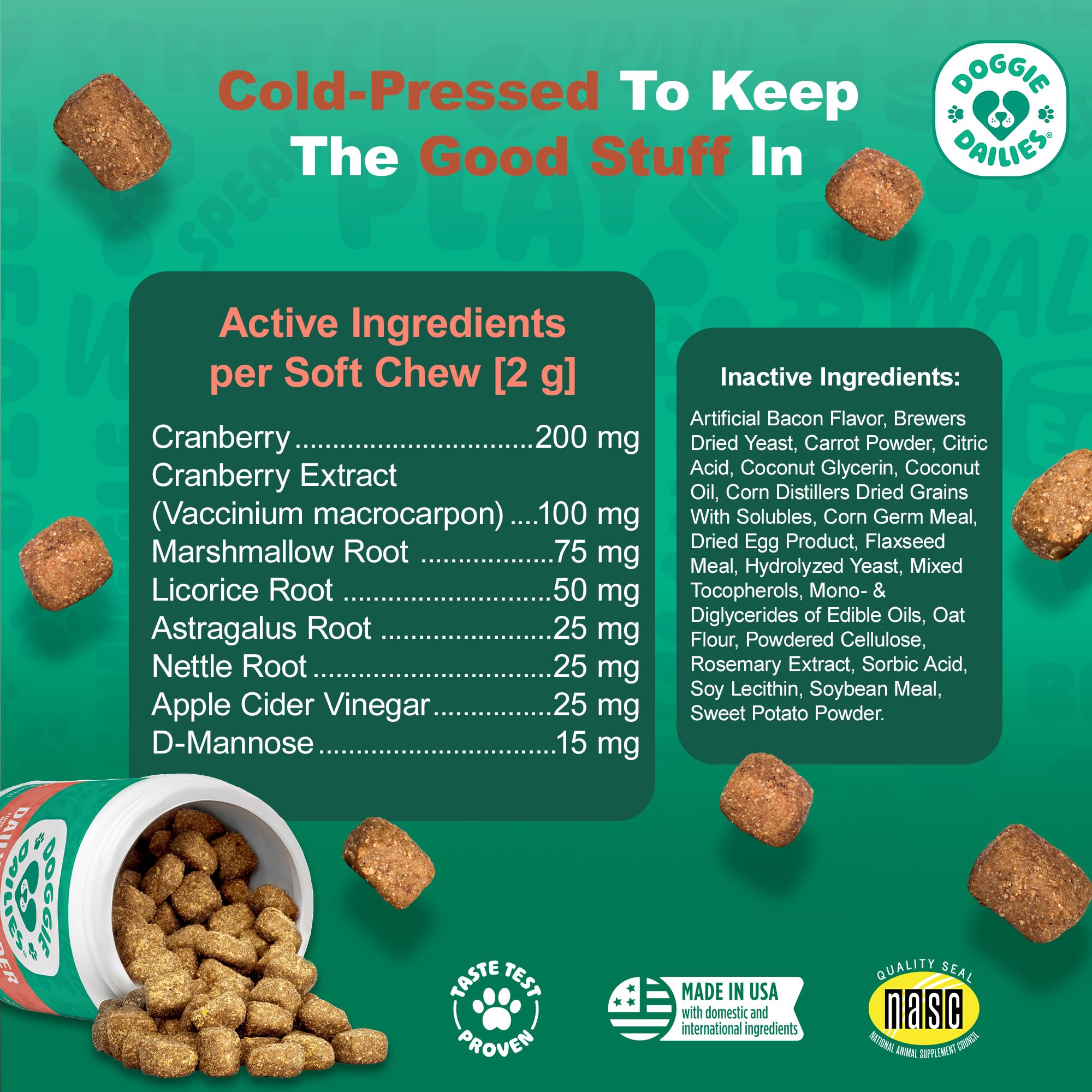 Doggie Dailies: ingredientes naturales con arándano para salud urinaria.