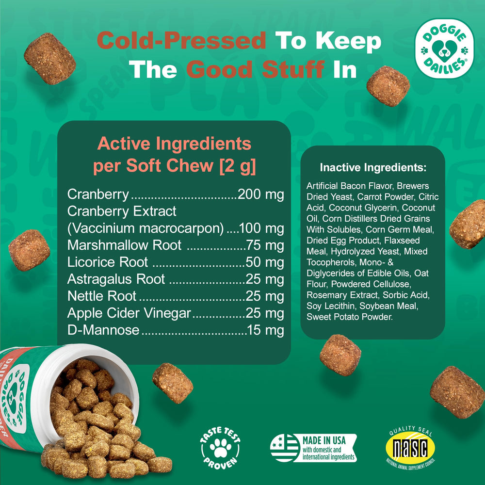 Doggie Dailies: ingredientes naturales con arándano para salud urinaria.