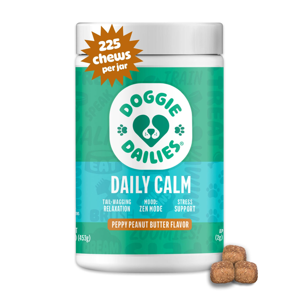 Doggie Dailies masticables calmantes en envase, fáciles de administrar diariamente.