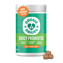 Doggie Dailies Probiotics en frasco de 225 gomitas, fácil de administrar para perros.