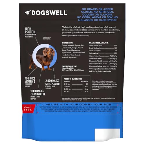 DOGSWELL cadera y articulación mini jerky, diseño masticable para juego activo.