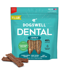 Dogswell Dental Jerky con pollo, bolsa de 24 oz para cuidado dental diario.
