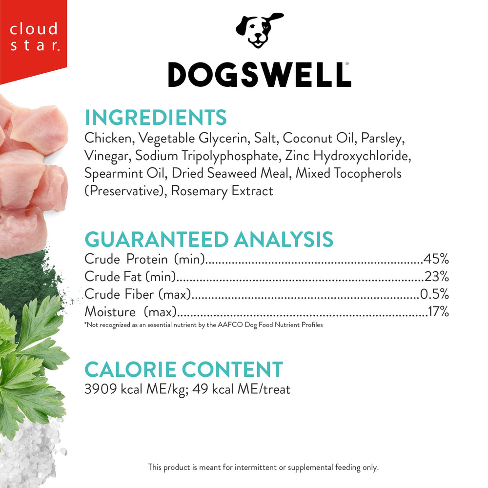 Etiqueta de Dogswell Dental Jerky, elaborado en Estados Unidos para calidad.