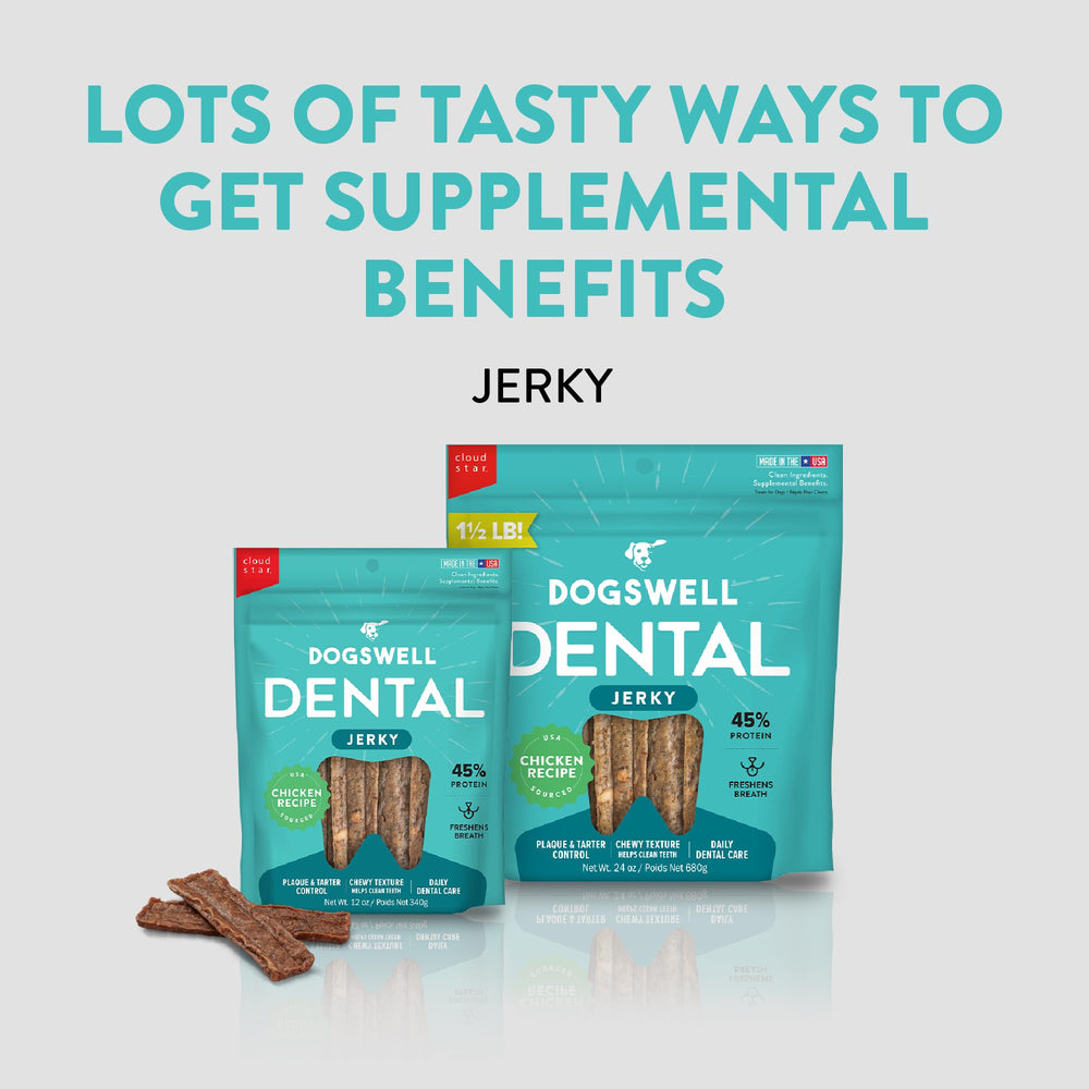 Bolsa de Dogswell Dental Jerky de 1.5 libras para premiar a diario.