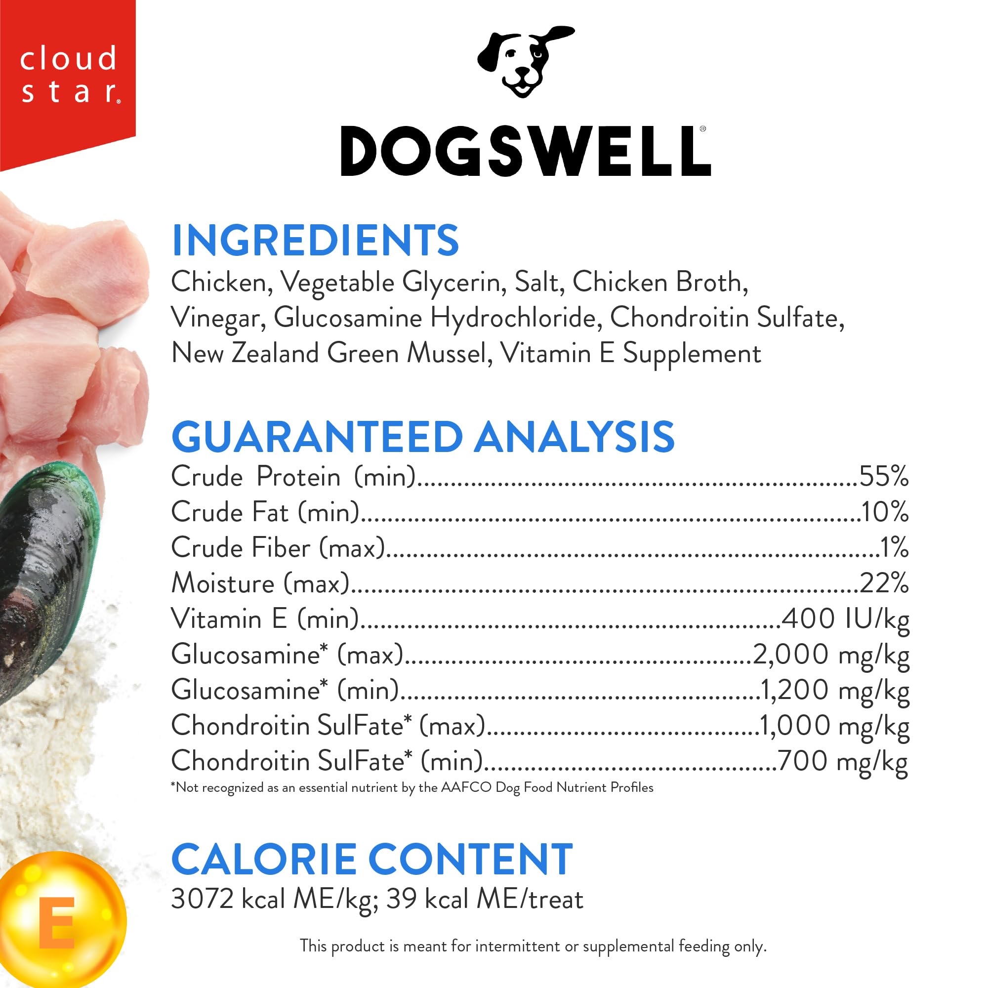 Dogswell etiqueta indica hecho en EE.UU. y calidad.