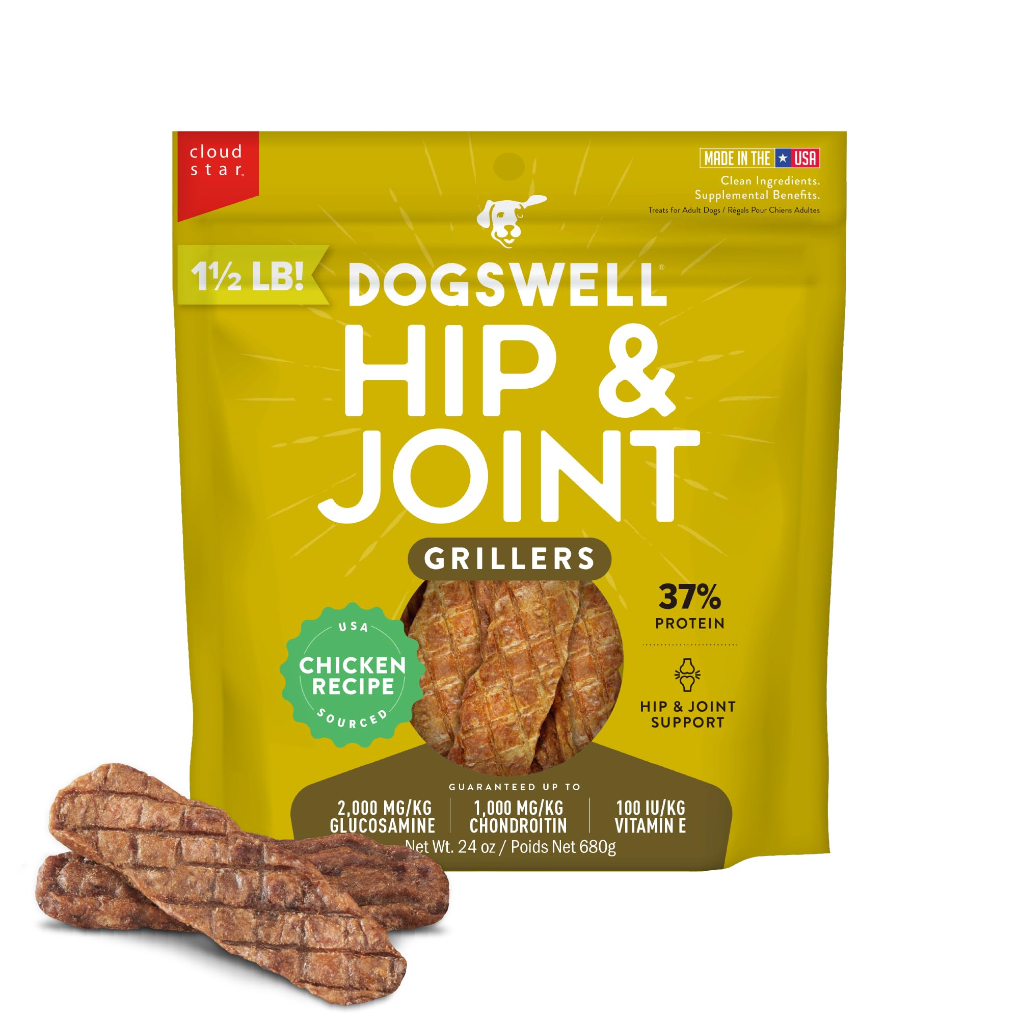 Dogswell Hip y Joint Grillers, bolsa de 24 oz, snack sabroso para premiar.