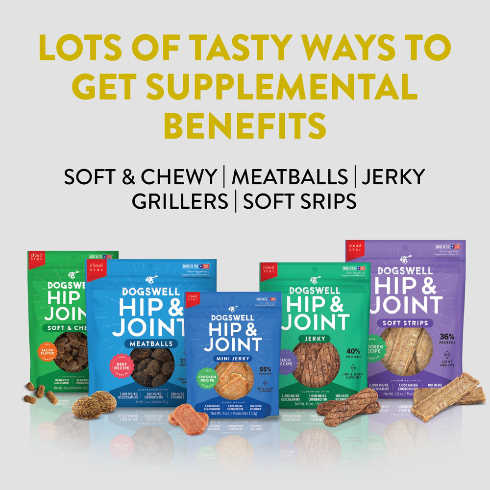 Dogswell Hip y Joint Grillers, perfecto como snack para perros activos.