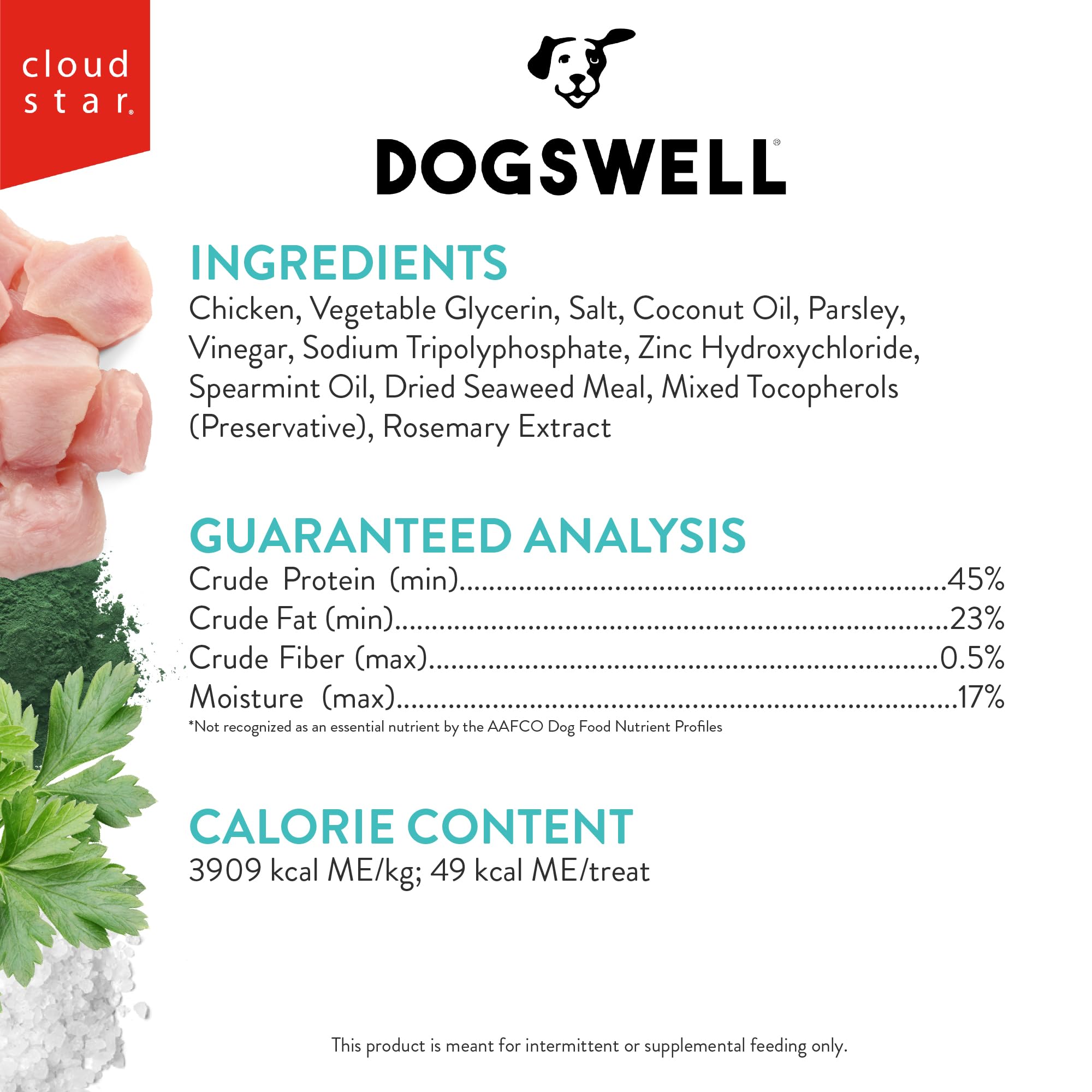 Dogswell tiras de pollo con ingredientes limpios y sin granos.
