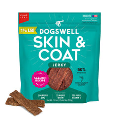 DOGSWELL jerky para piel y pelaje de salmón, empaque 18 oz para perros.