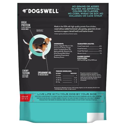 Textura masticable Dogswell tiras de pollo para limpieza dental suave.