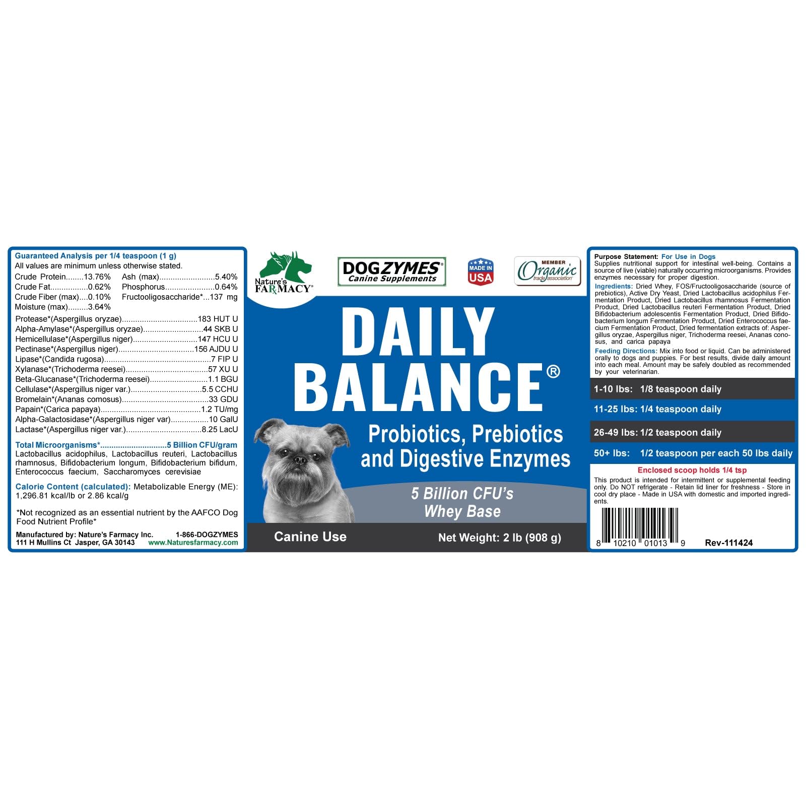 Dogzymes Daily Balance — bote de 454 g, presentación estable para uso continuo.
