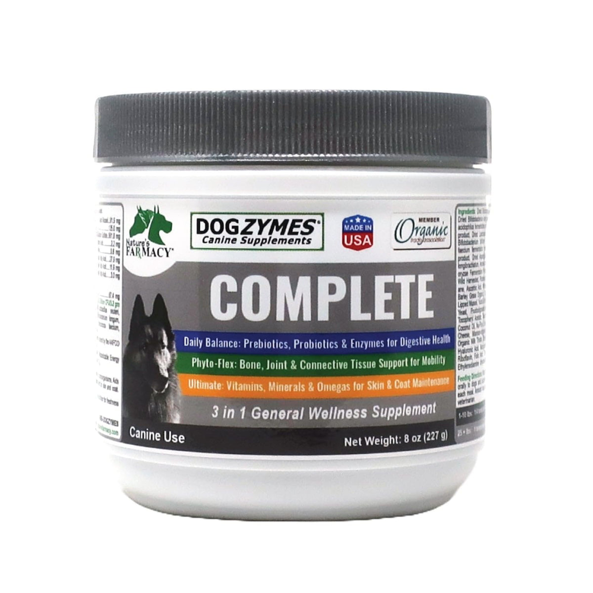 Dogzymes Completo botella frontal, suplemento integral para piel y articulaciones de perros.