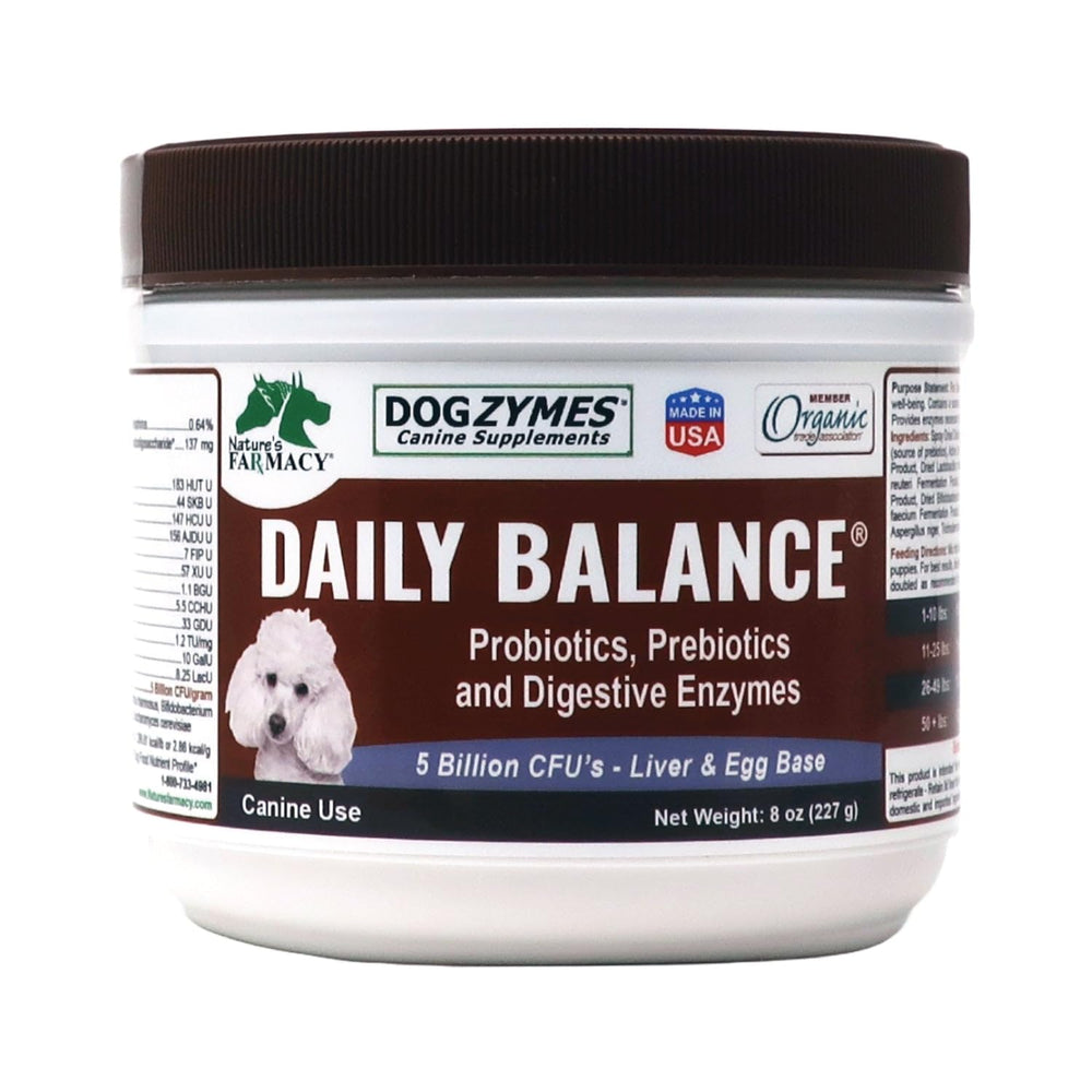 Dogzymes Probiotic Daily Balance en frasco, soporte digestivo suave para perros.