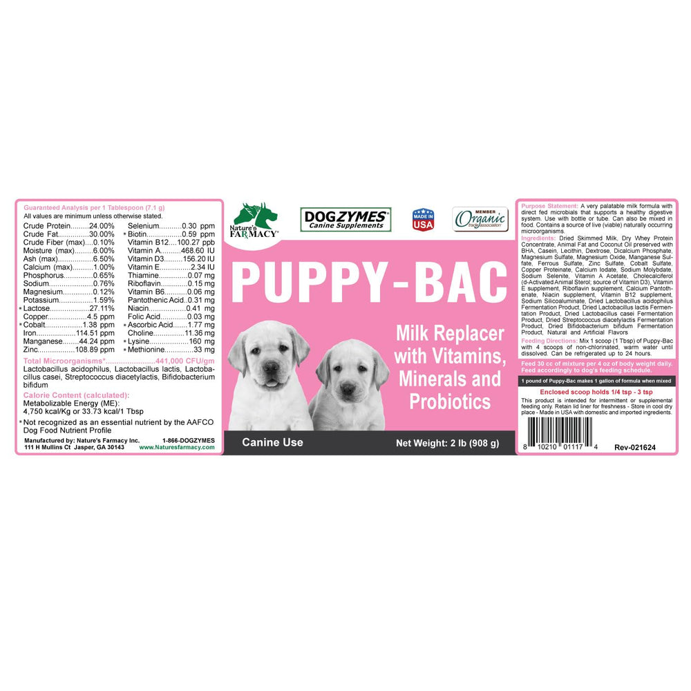 Dogzymes Puppy-Bac uso con cachorros, ideal cuando se necesita reemplazo de leche.