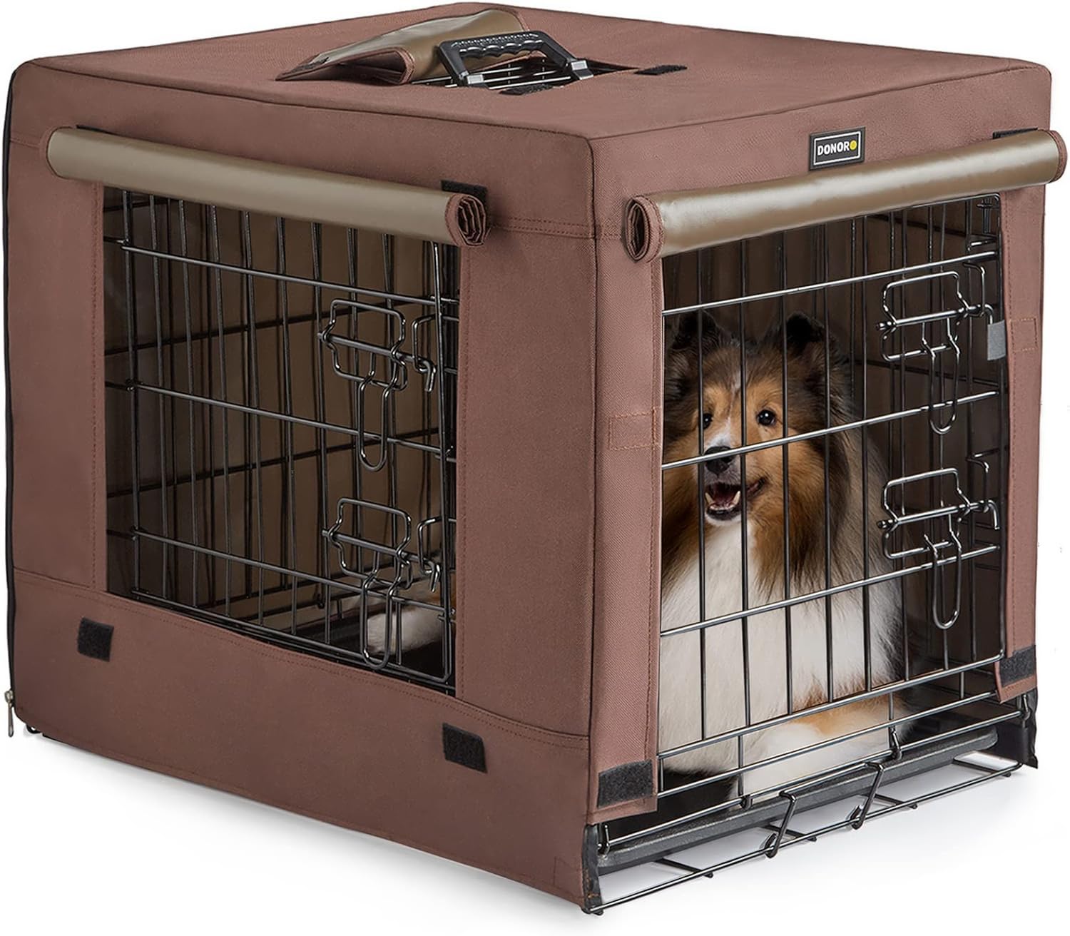 DONORO jaula doble puerta marrón para perros, entrada frontal y lateral.