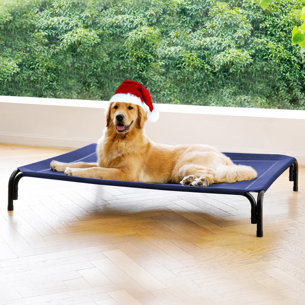 Cama para perros DOPEDIO elevada exterior azul, mantiene a tu perro seco y cómodo al aire libre.