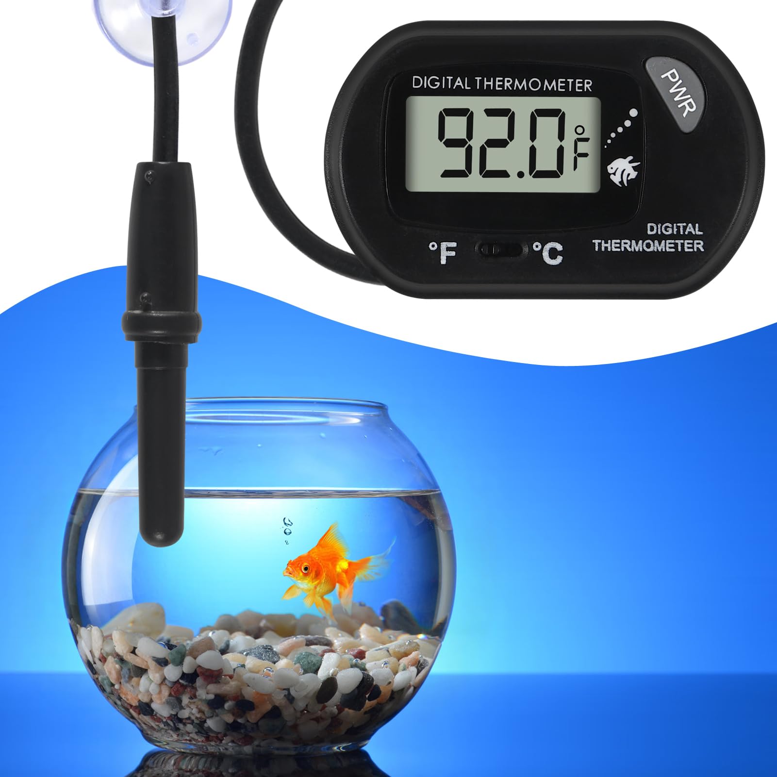 Termómetro para terrario y acuario; uso en ambientes húmedos.