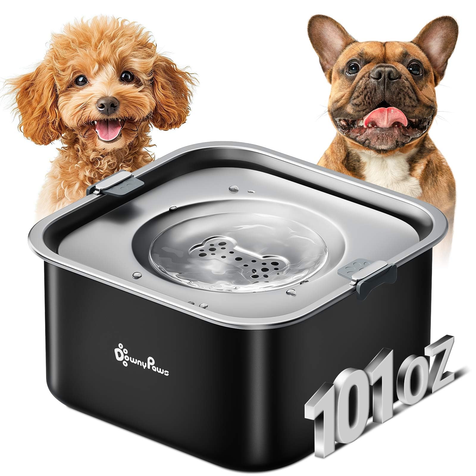DownyPaws cuenco de agua para perros sin derrames, ideal para suelos limpios y zonas de descanso.