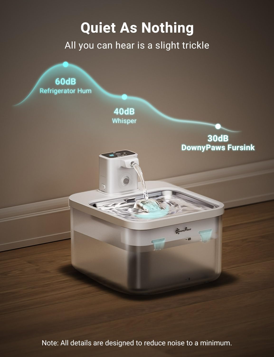 Filtración de 5 etapas DownyPaws mantiene el agua limpia para mascotas.