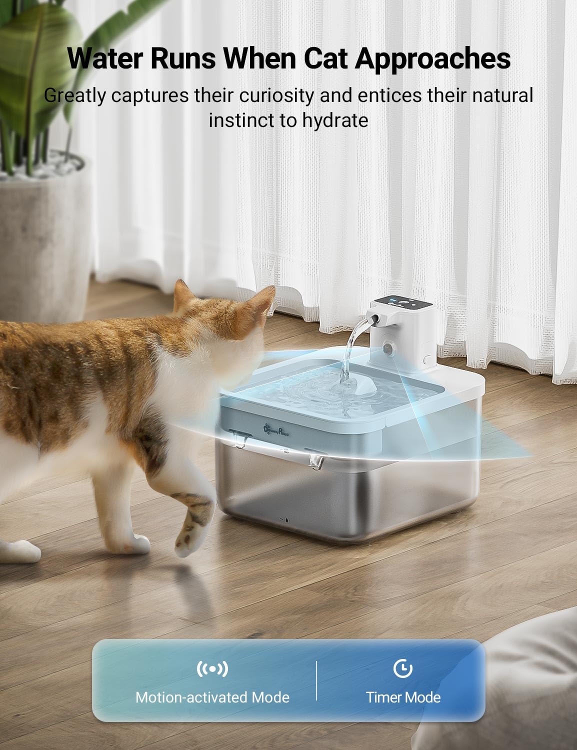 DownyPaws sensor movimiento bebederos gatos activa flujo al acercarse, estimula juego y consumo.