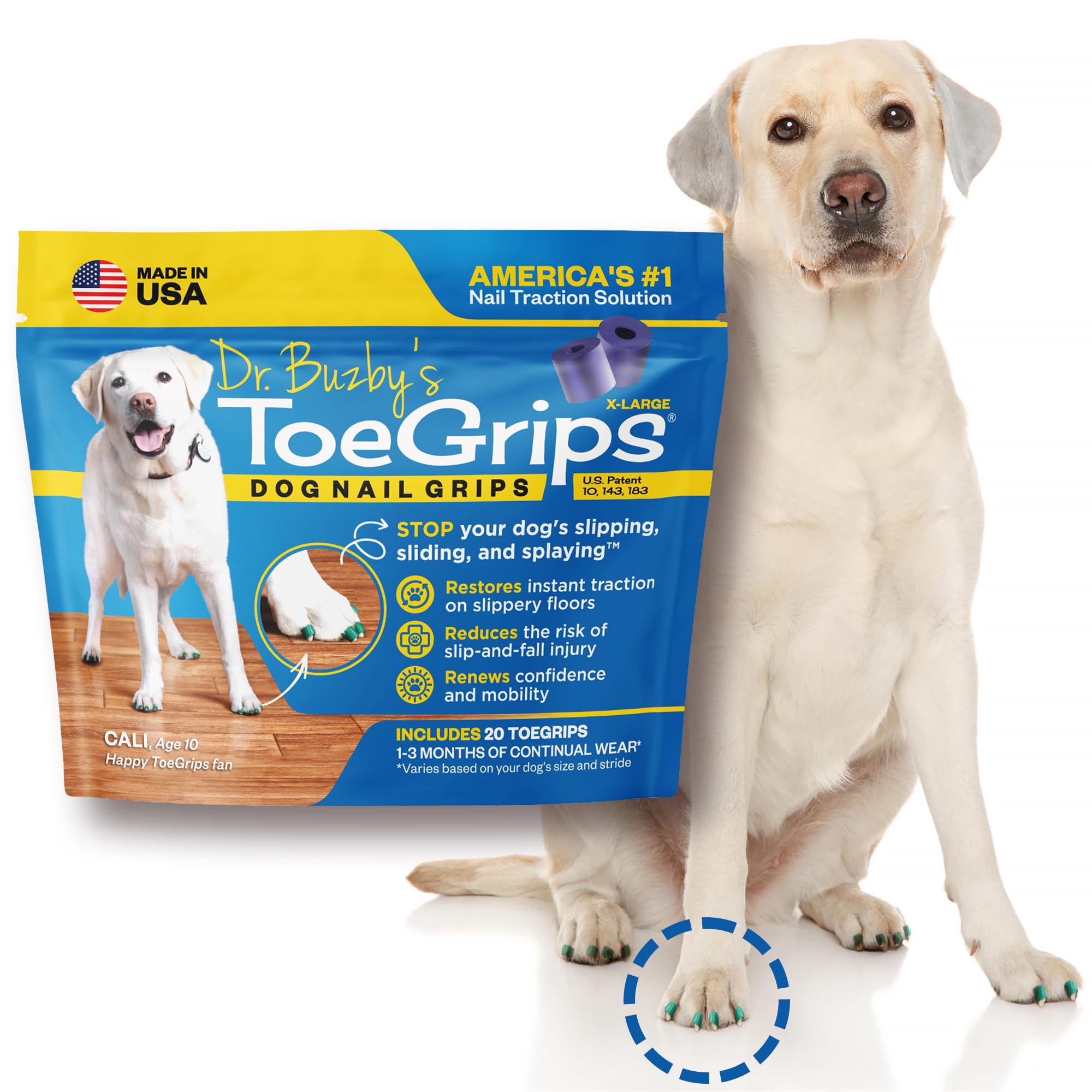Instrucciones visuales para ToeGrips XL, paso a paso de aplicación.