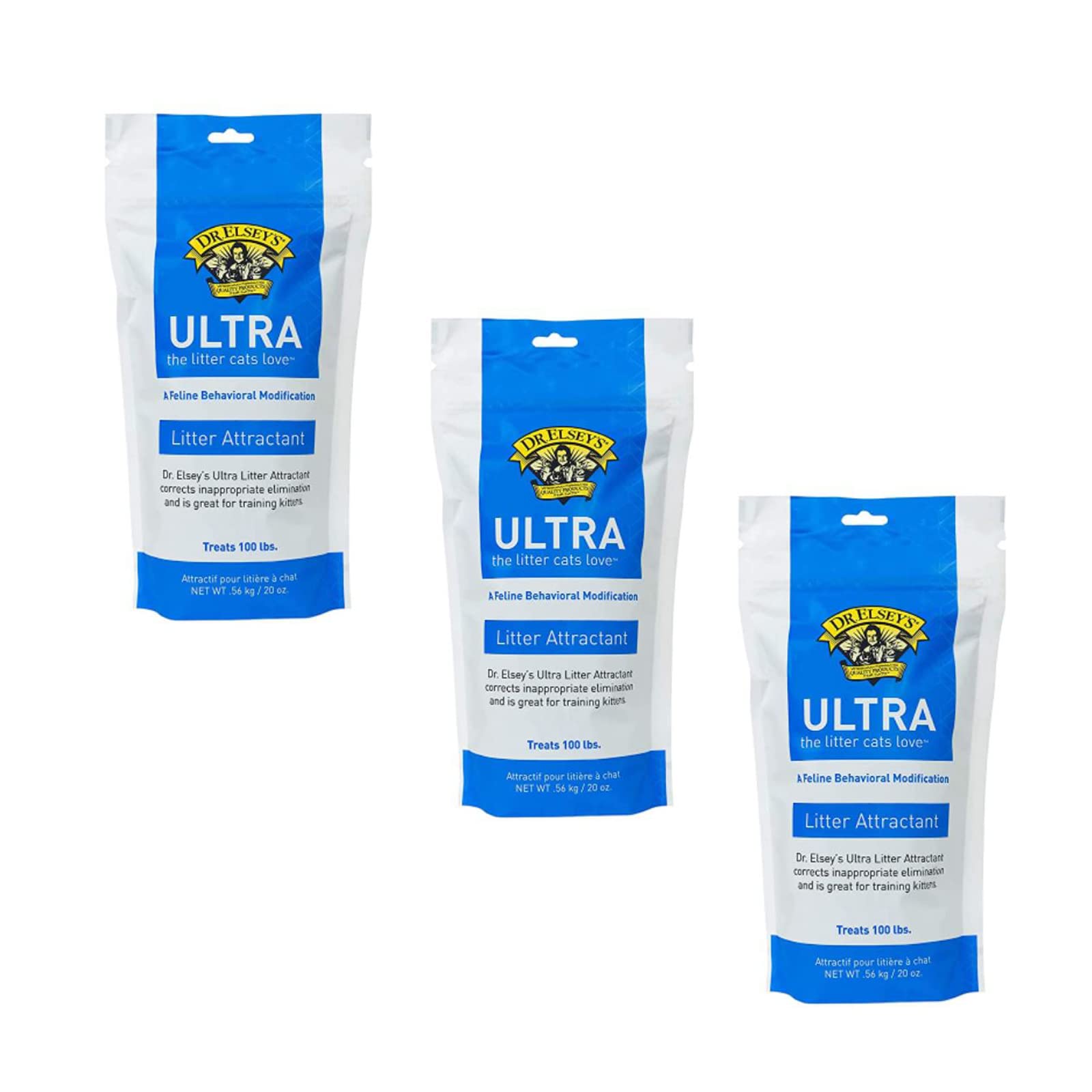 Dr. Elsey's Precious Cat atrayente ultra para caja de arena, botella en primer plano, apoya el uso correcto.