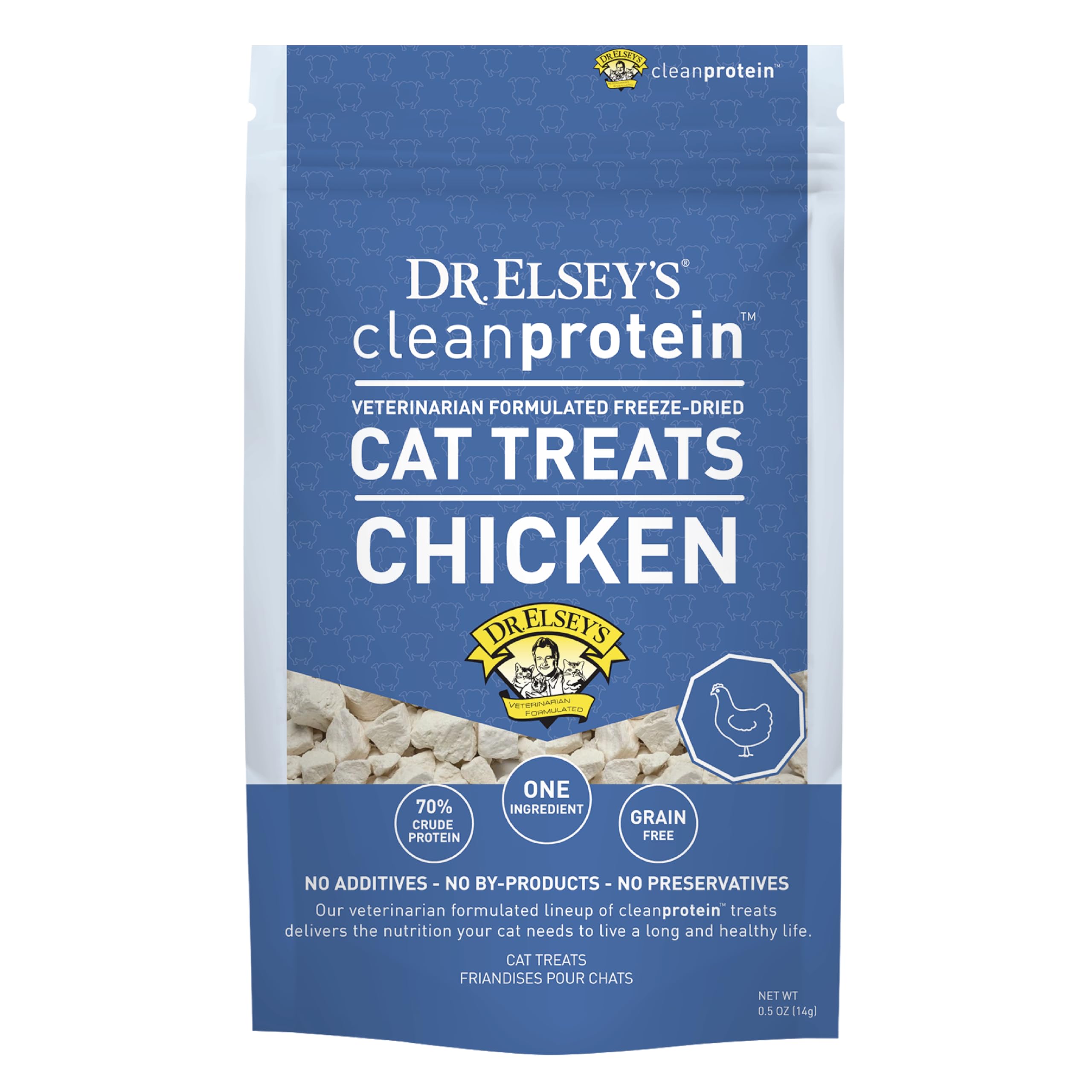 Dr. Elsey's trocitos de pollo liofilizados, textura crujiente para gatos.