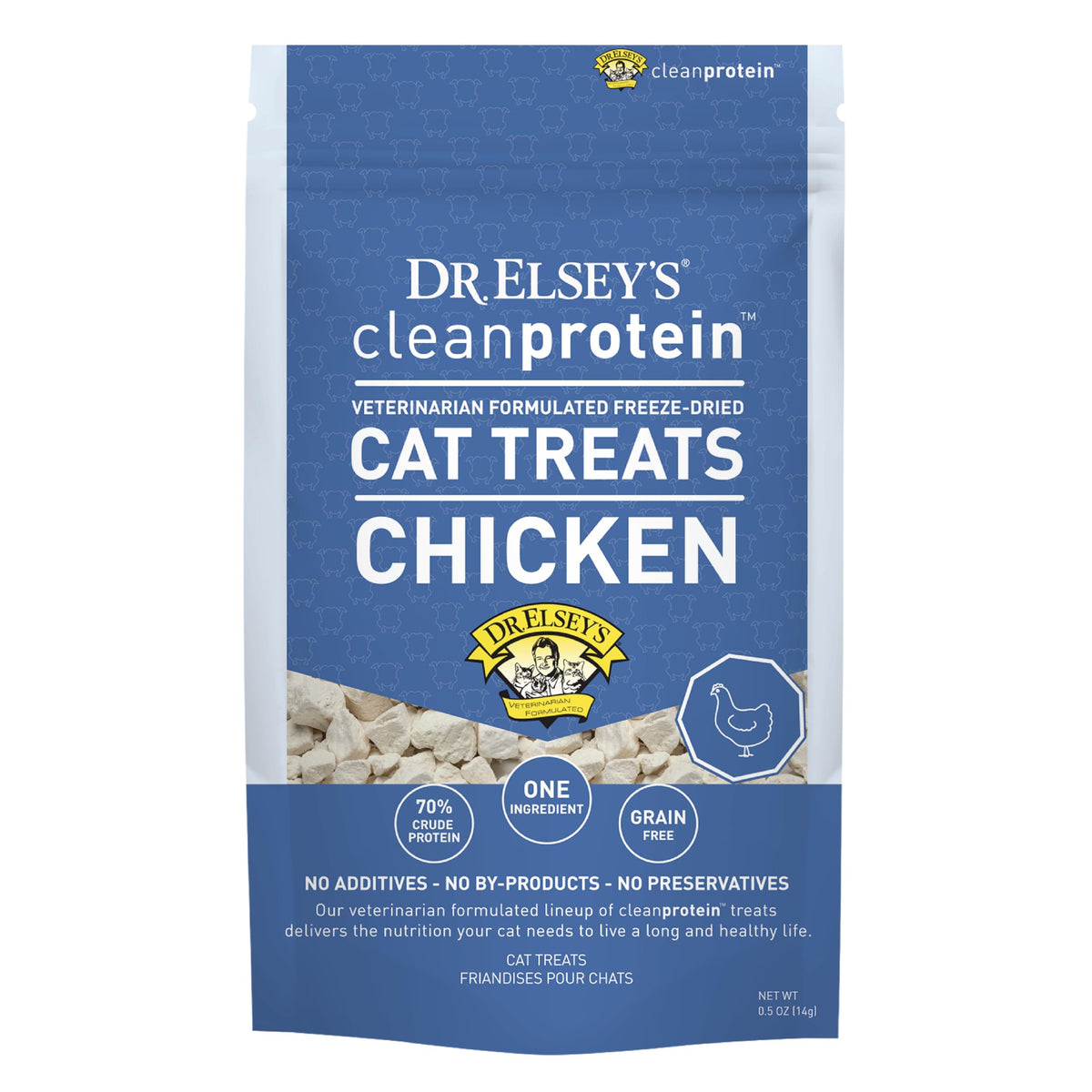 Dr. Elsey's trocitos de pollo liofilizados, textura crujiente para gatos.