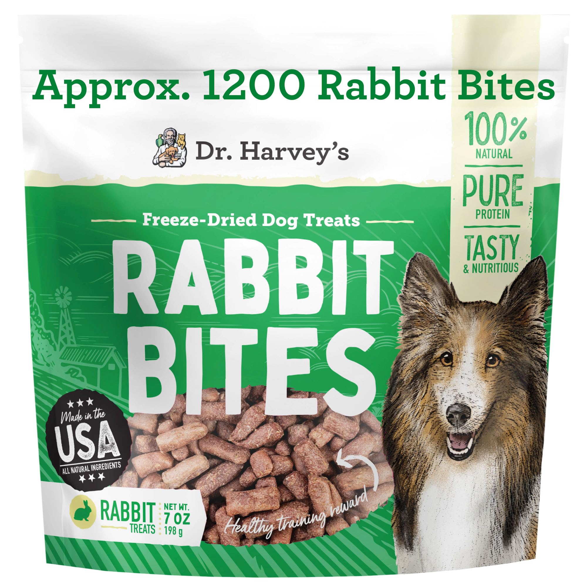 Dr. Harvey's Bocados de conejo liofilizados con textura crujiente para perros.