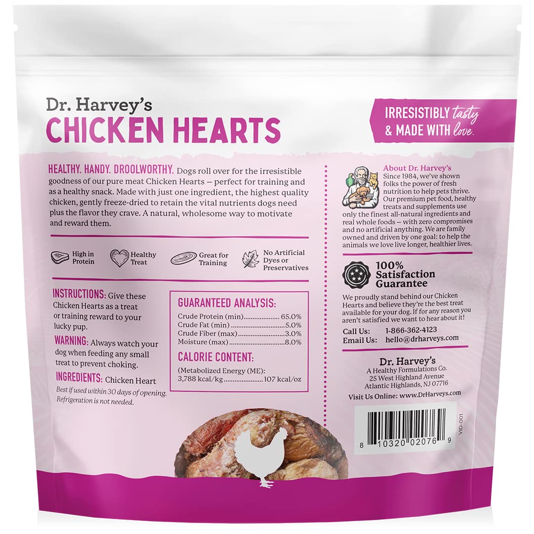Dr. Harvey's Corazones de Pollo — durabilidad de 30 días tras apertura, sin necesidad de refrigeración.