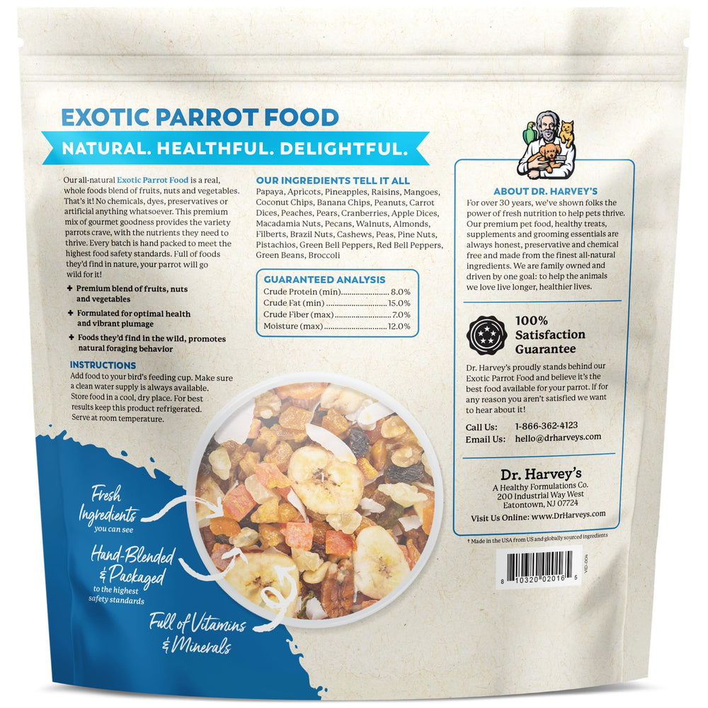 Dr. Harvey's Exotic Parrot Blend fabricado en EE. UU., sin químicos ni colorantes.