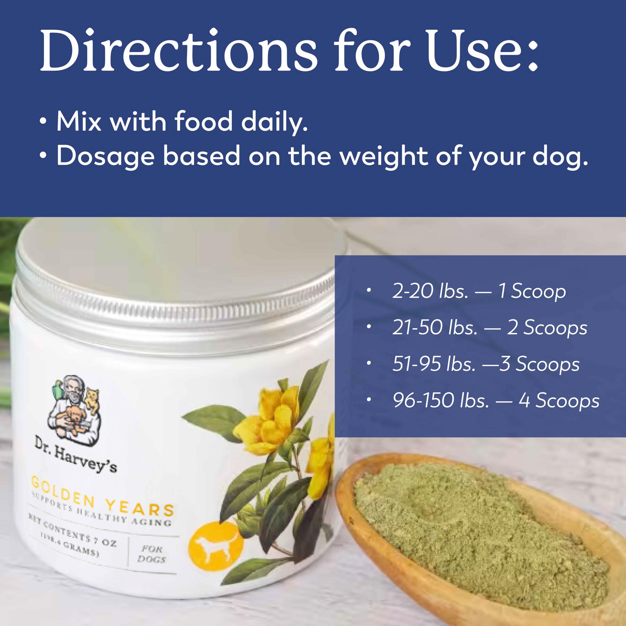 Dr. Harvey's Golden Years: ingredientes clave como algas y linaza para la nutrición.