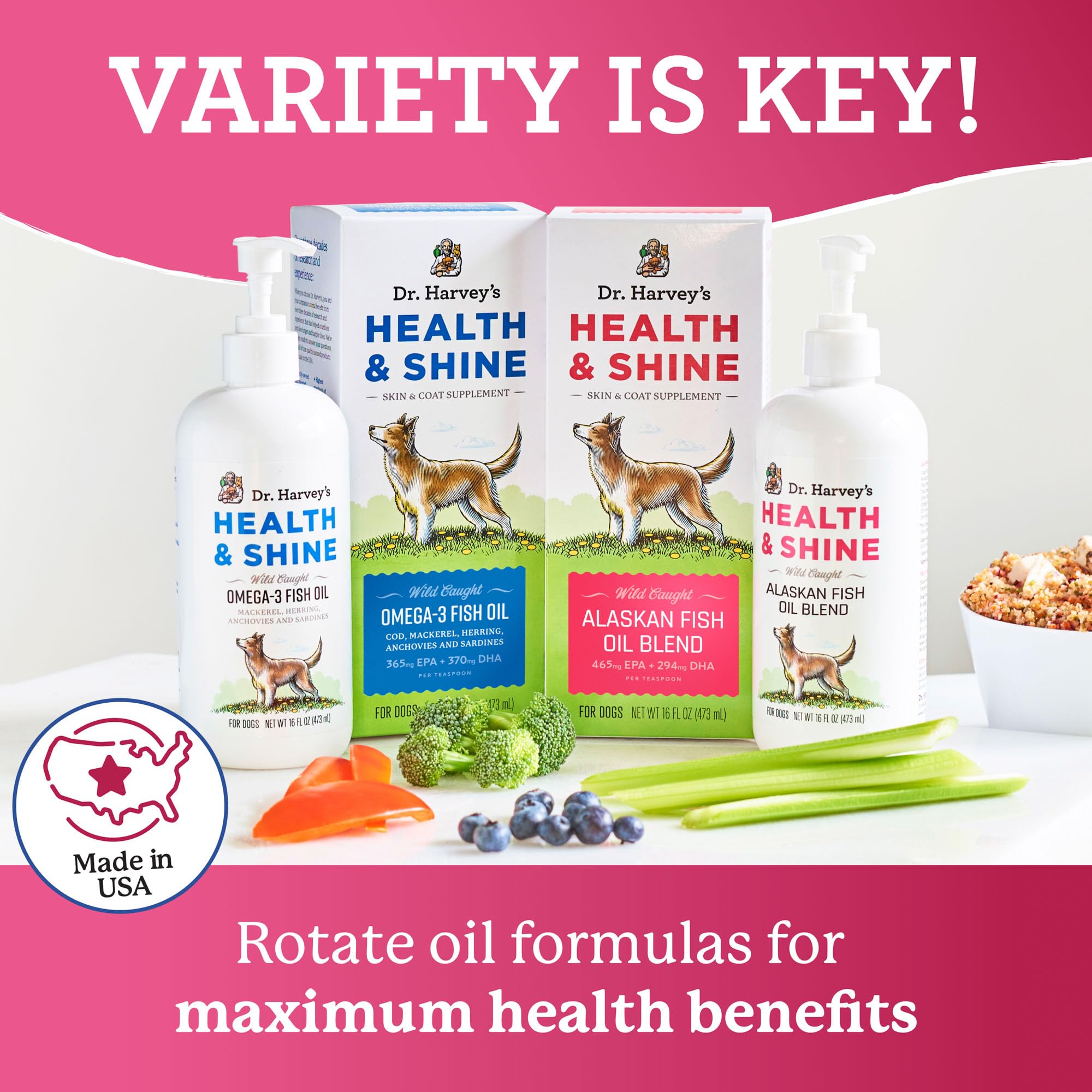 Dr. Harvey's Health & Shine: soporte para articulaciones con omega-3 para perros.
