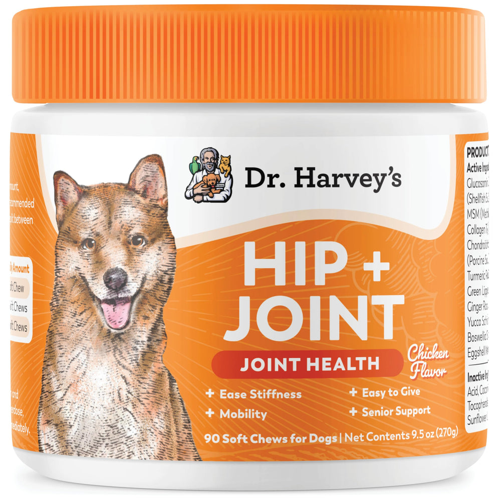 Dr. Harvey's Hip y Joint Soft Chews en botella, apoyo a la movilidad diaria de tu perro.