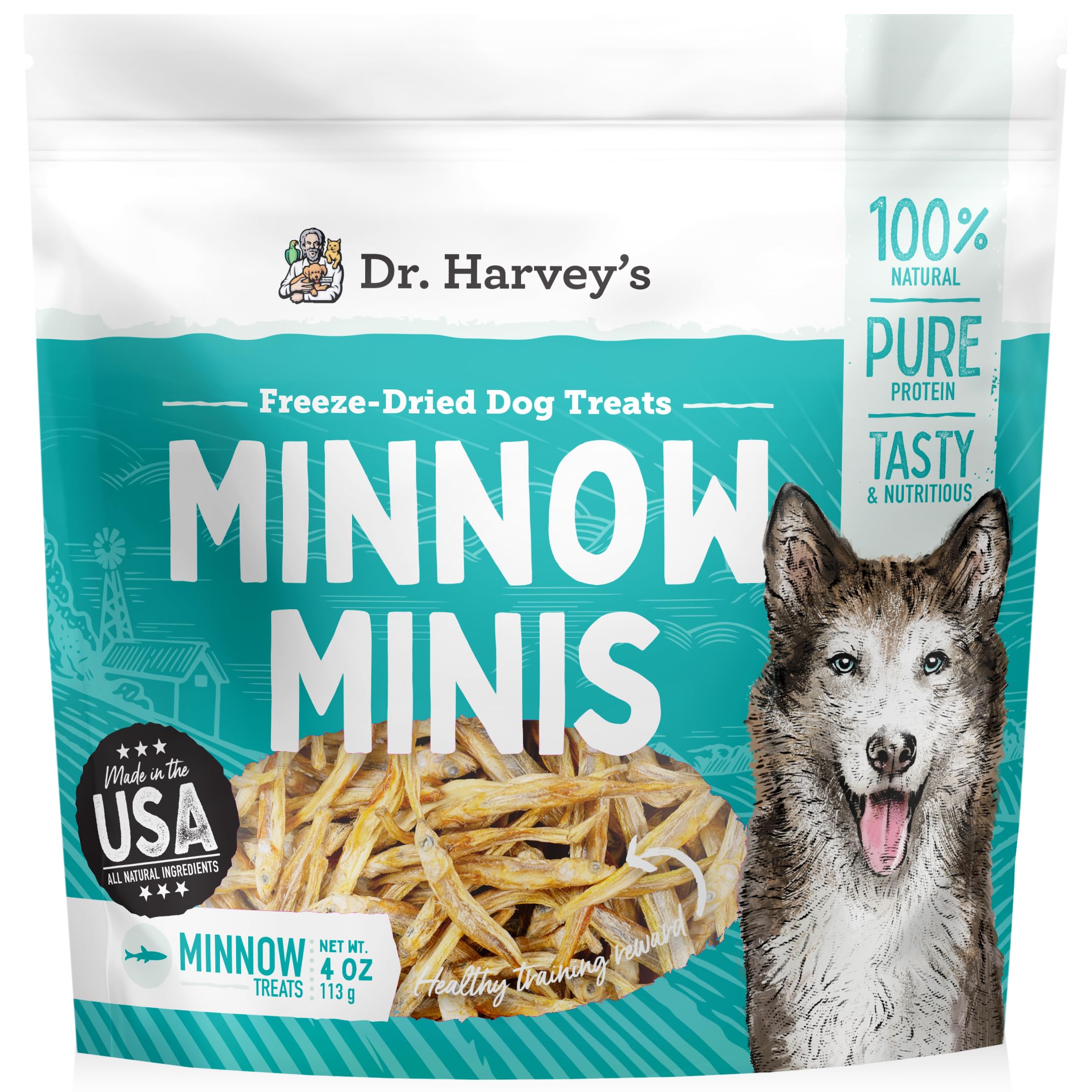 Dr. Harvey's Minnow Minis: empaque frontal, snack de pescado para entrenamiento y recompensa.