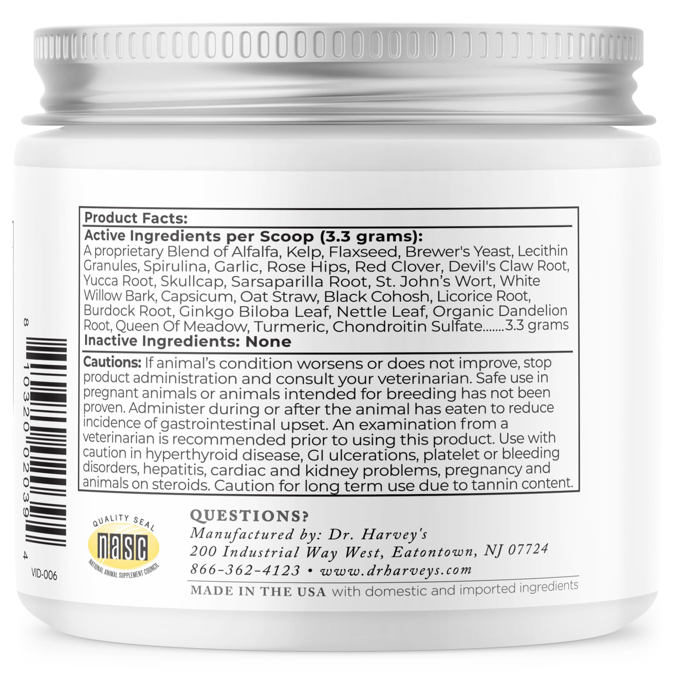 Dr. Harvey's Ortho-Flex etiqueta clara con lista de ingredientes.