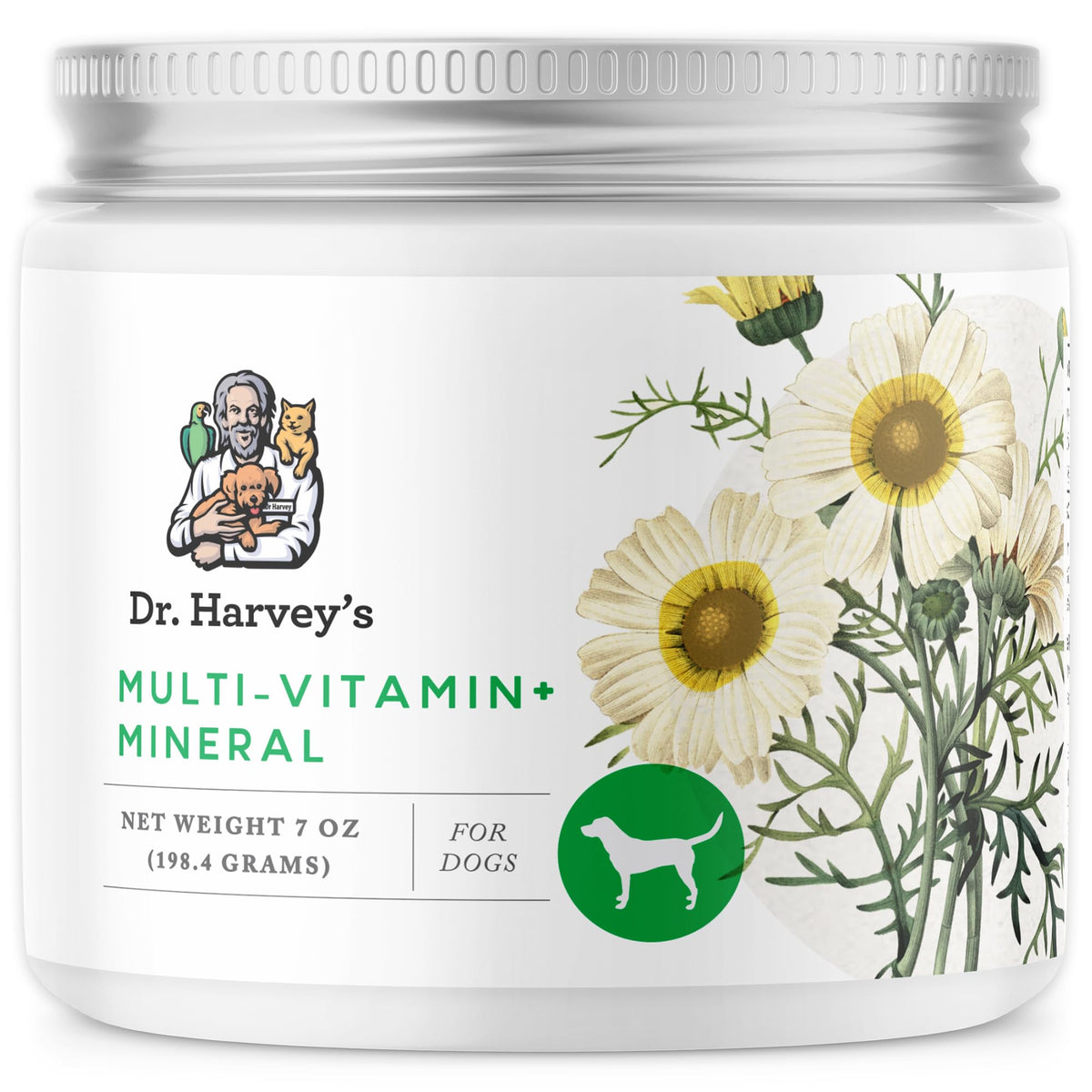 Dr. Harvey's polvo de suplemento herbal para perros, fácil de mezclar en la comida.