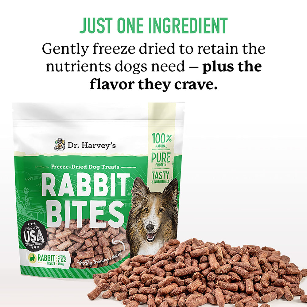 Dr. Harvey's Rabbit Bites perfecto para perros de todas las edades y tamaños.
