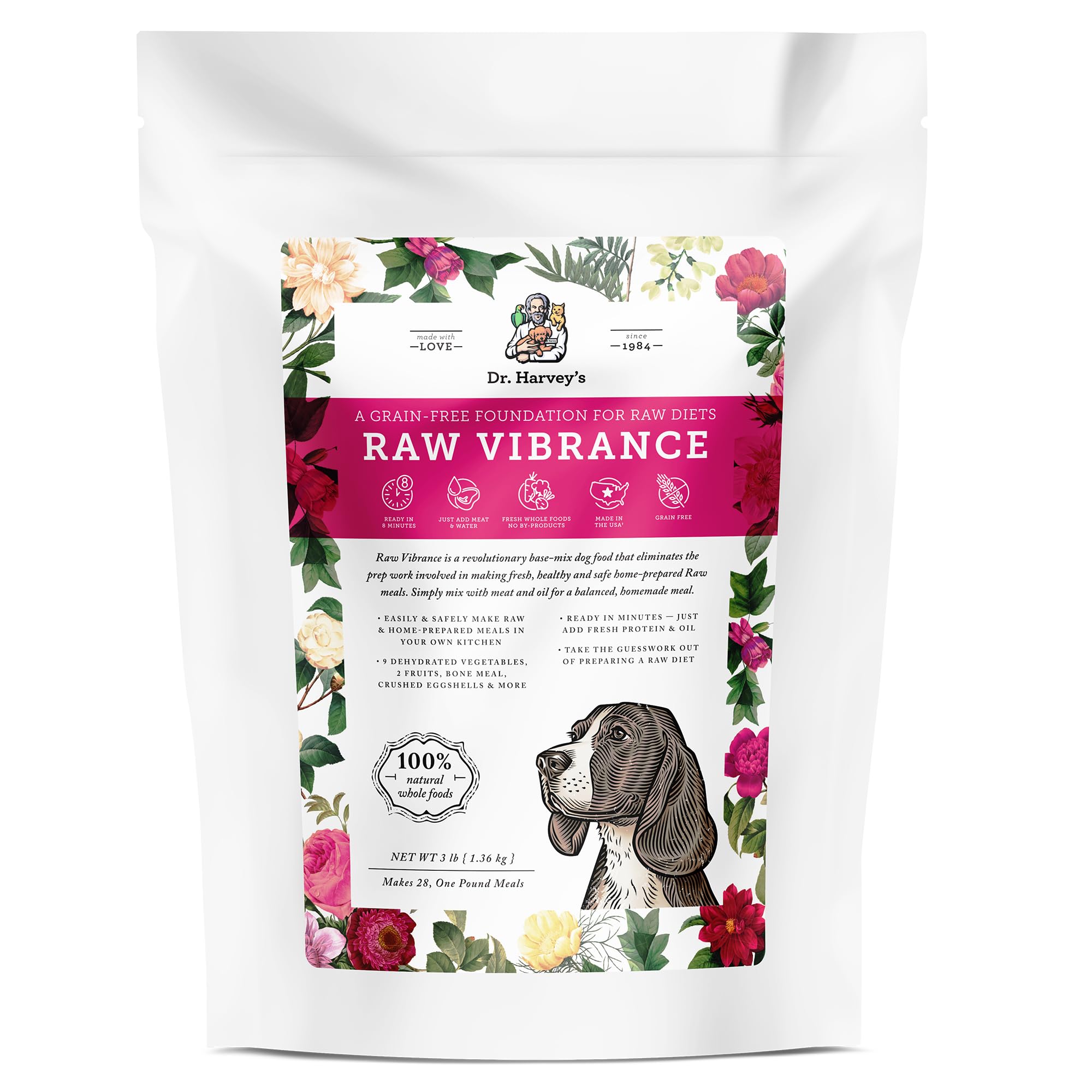 Dr. Harvey's Raw Vibrance, base deshidratada para perros, ideal para dieta cruda equilibrada.