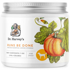 Dr. Harvey's Runs Be Done, botella frontal, apoyo digestivo suave para perros.