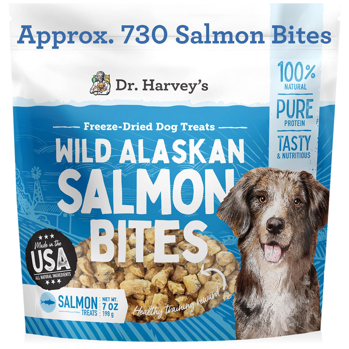 Dr. Harvey's Salmon Bites: empaque de 7 oz, snack natural para perros.